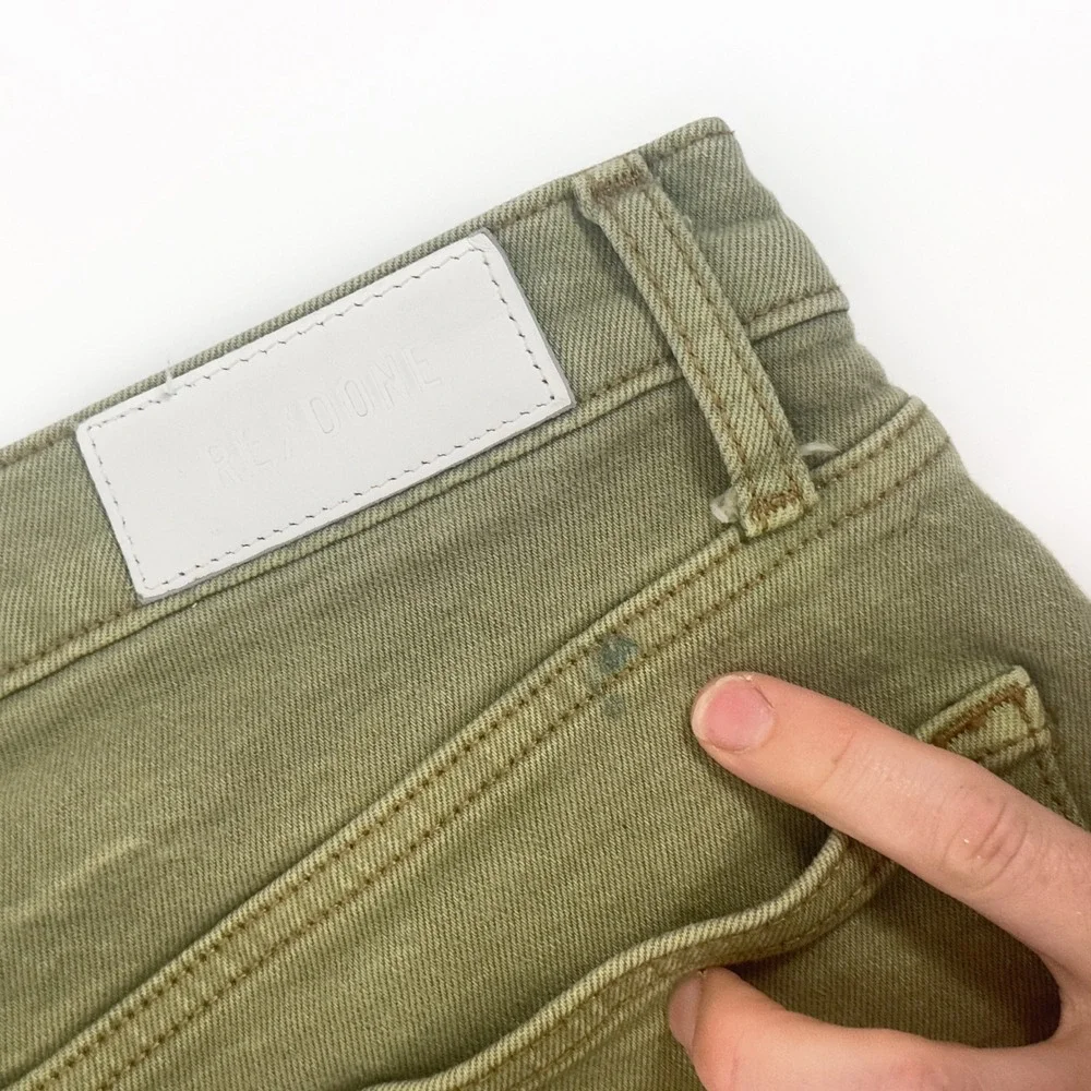 RE/DONE High Rise Ankle Crop Jeans Olive‎ Green Button Fly Raw Hem Denim Size 28